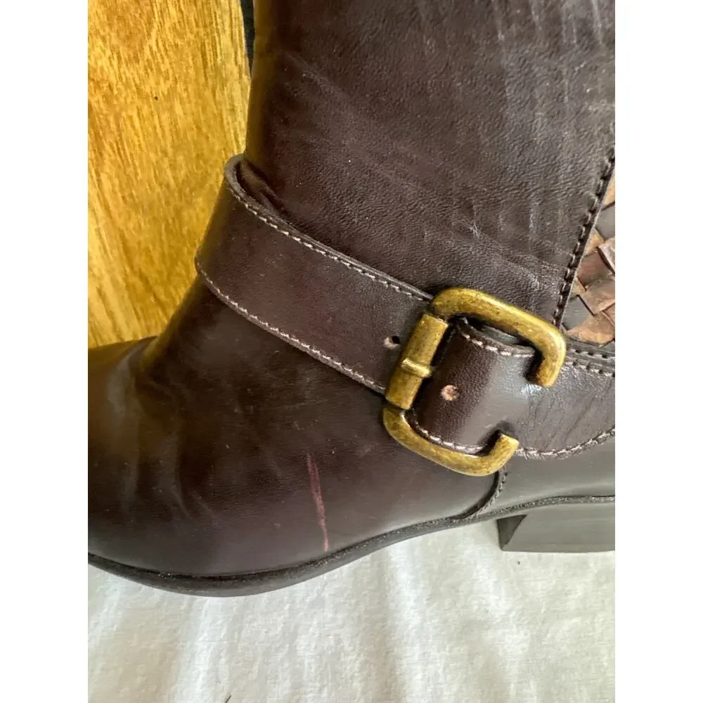 Sesto Meucci Leather Woven Side Zip Ankle Boots Western Ranch Brown 6.5